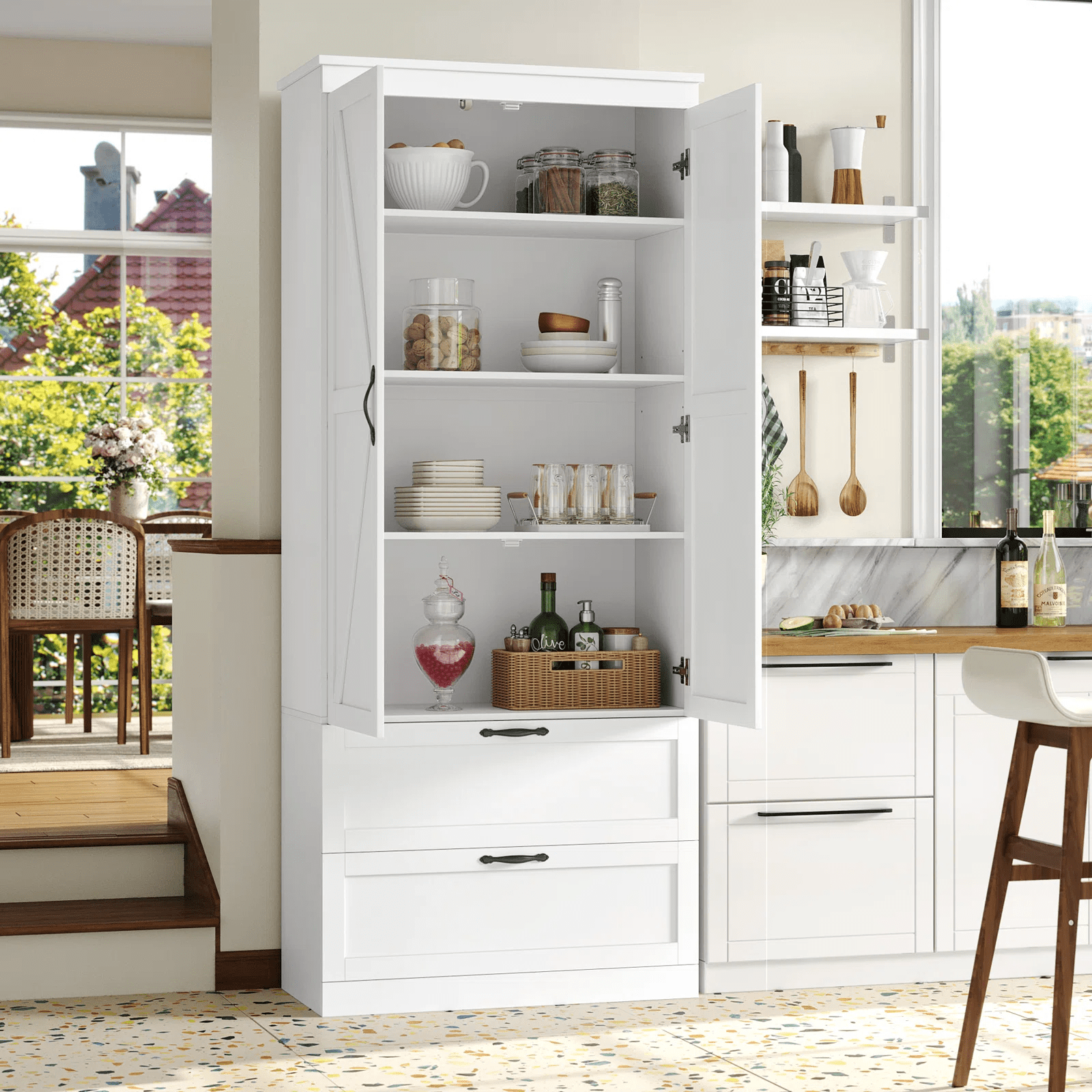 Homfa 70'' Tall Kitchen Pantry with Shelf & Drawer, Farmhouse 2 Door Pantry Storage Cabinet for Dining Room Living Room, White