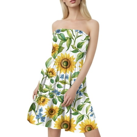 JGNGSHN Womens Summer Strapless Dress Flowy A-Line Smocked Tube Dresses Off Shoulder Sleeveless Floral Print Sundresses