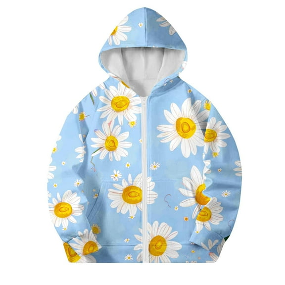 SELONE Girls Winter Hooded Jackets with Pockets Hooded Lightweight Zipper Floral Long Sleeve Cute Clothes Blue 11 Years
