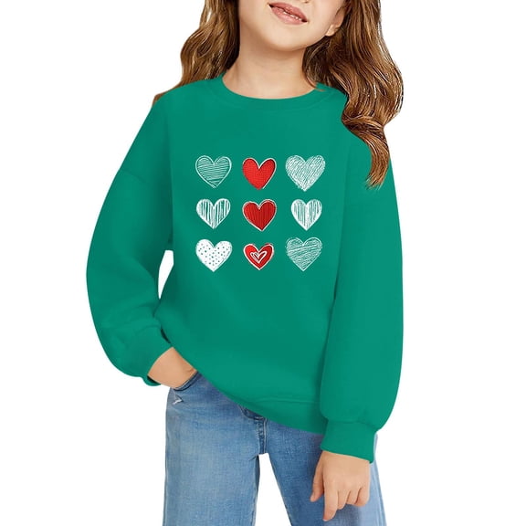 UACY Valentine Sweatshirts for Girls, Heart Print Oversized Sweatshirt Long Sleeve Tops Crewneck Preppy Pullover (Green, 13-14 Years)