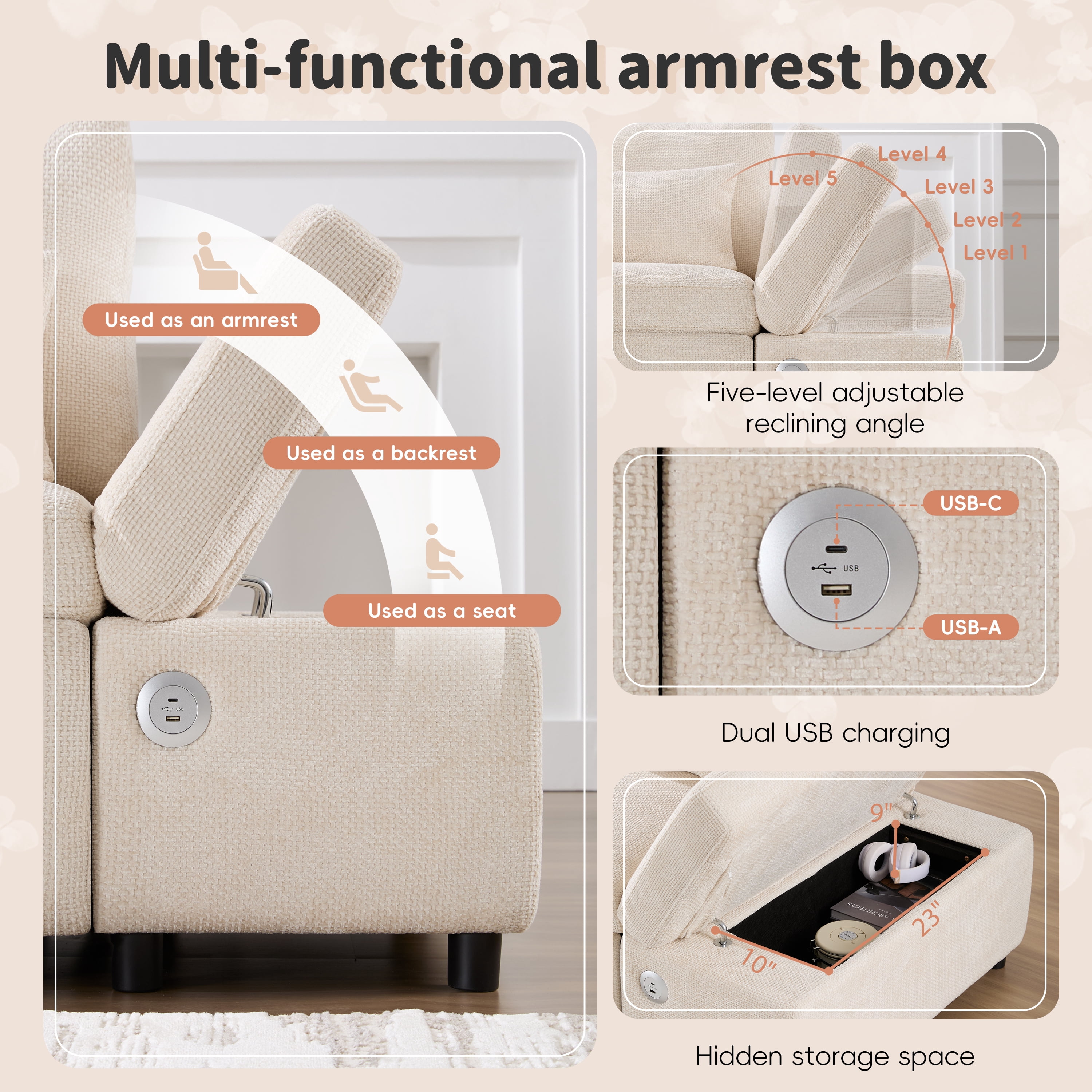Howcool 107" Sleeper Sectional Sofa with Pull Out Bed, Modular L-Shaped 6-Seater Chenille Couch, Storage Chaise, Adjustable Armrests, USB & Type-C Charging for Living Room Apartment,Beige