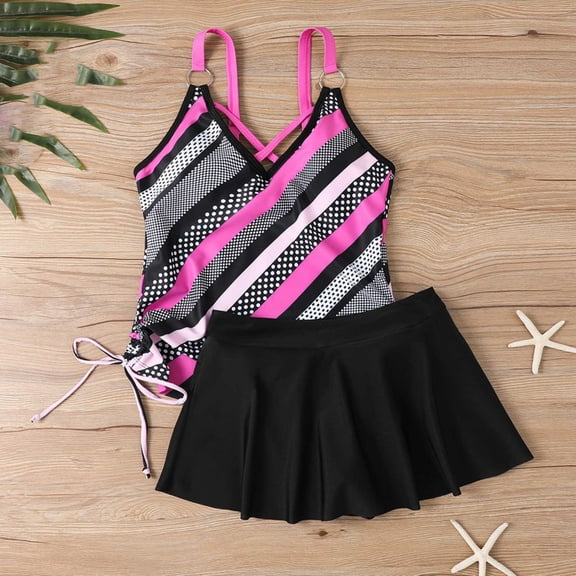 Women's Plus Size Tankini Set V Neck Crisscross Tank Tops with Adjustable Strap High Waisted Skirt Bathing Suit Print Two Piece Swimsuit 2XL