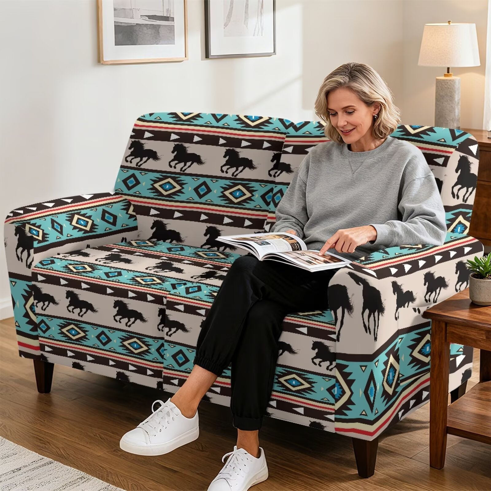 Yuyamidu Aztec Loveseat Recliner Covers 2 Seater Horse Recliner Loveseat Slipcover with Elastic Edge Breathable Reclining Couch Covers Gift for Friends