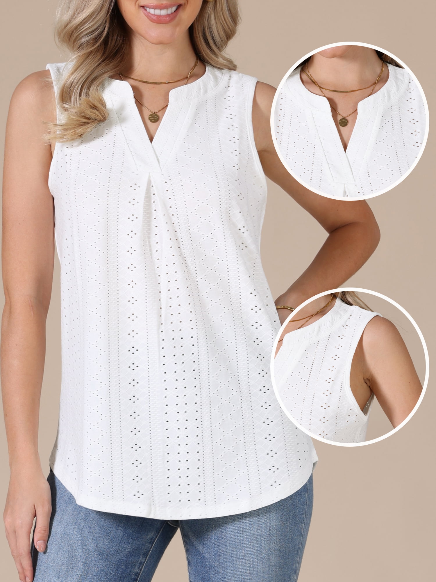 DARING DIVA Women's Eyelet Tank Top Sleeveless V Neck Casual Summer Blouse M White