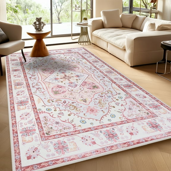 Wellber Area Rugs for Bedroom,Soft Vintage Rug for Living Room,Nursery Decor Fluffy Carpet,4'x6',Pink