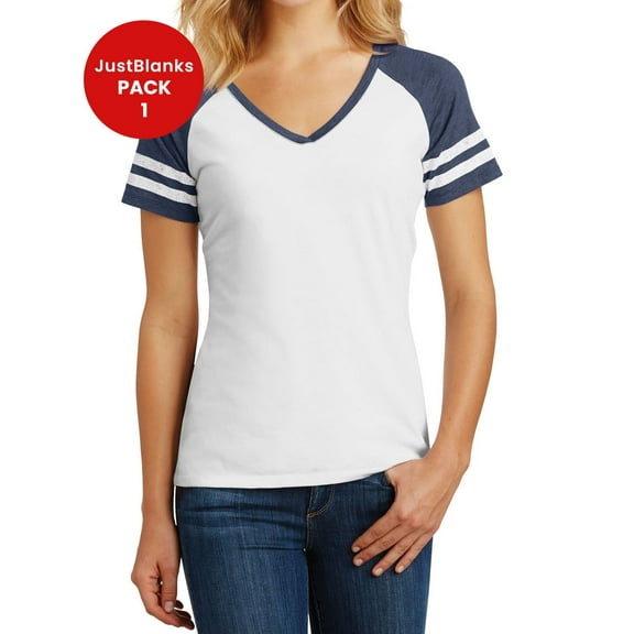 JustBlanks Womens Sporty V Neck T Shirt with Striped Sleeves Soft Cotton Blend