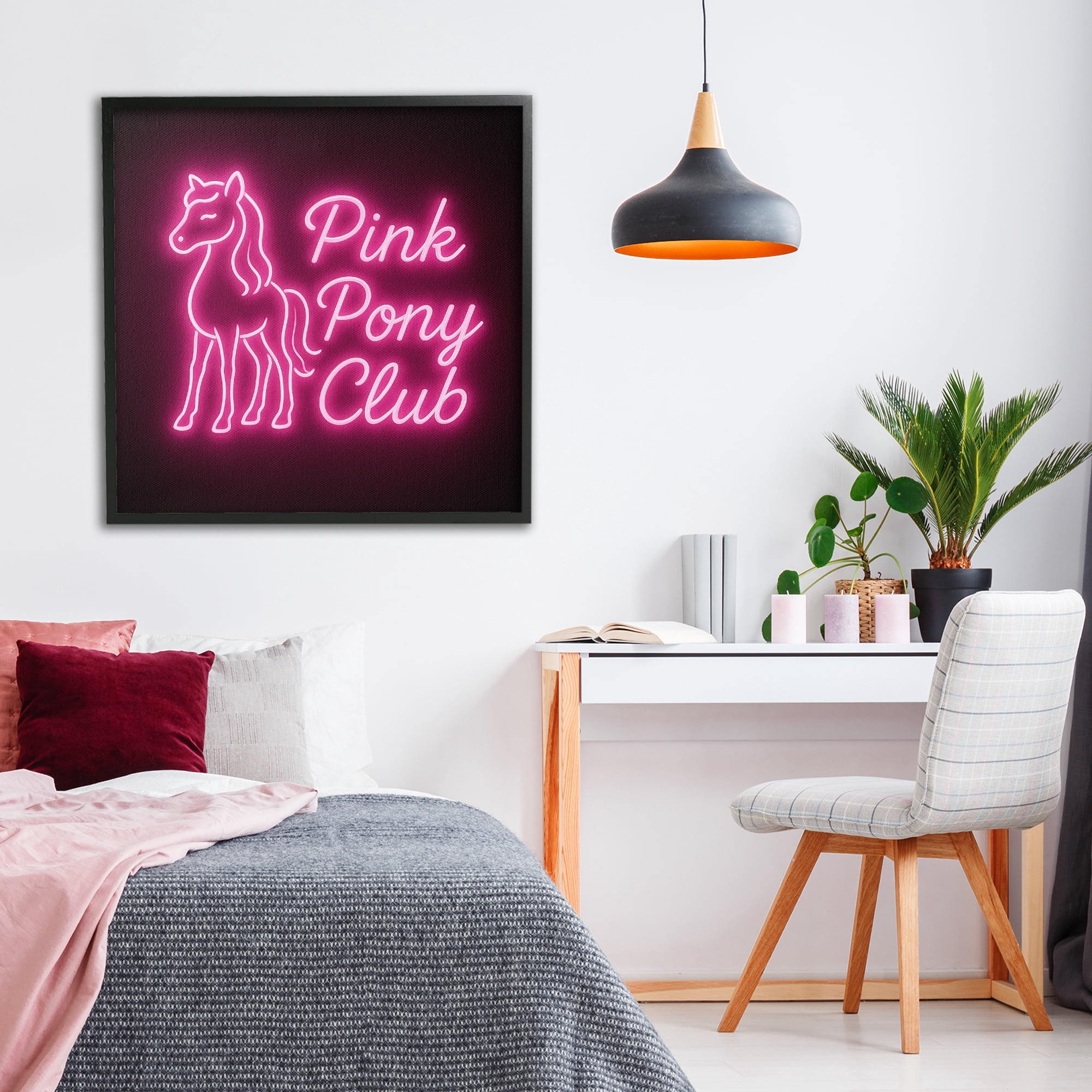 Stupell Industries Pink Pony Club Neon Black Framed Giclee Art, design by Grotto Studios