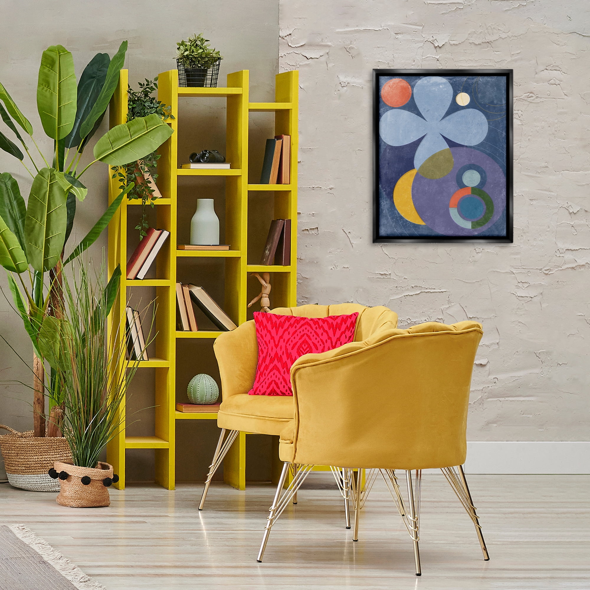 Stupell Industries Blue Retro Curved Shapes Abstract Painting Black Floater Framed Canvas Art Print Wall Art, 17 x 21