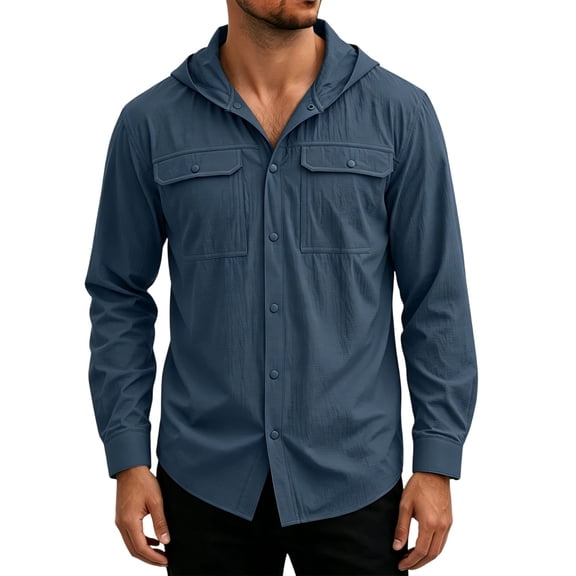 LEAVINGSUO Mens Dress Shirts Sun Protection Fast-drying Breathable Sports Long-sleeved Blouse With Pockets Top Blue S