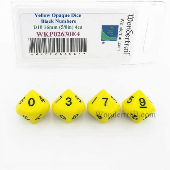 Yellow Opaque Dice with Black Numbers D10 16mm (5/8in) Pack of 4 Wondertrail