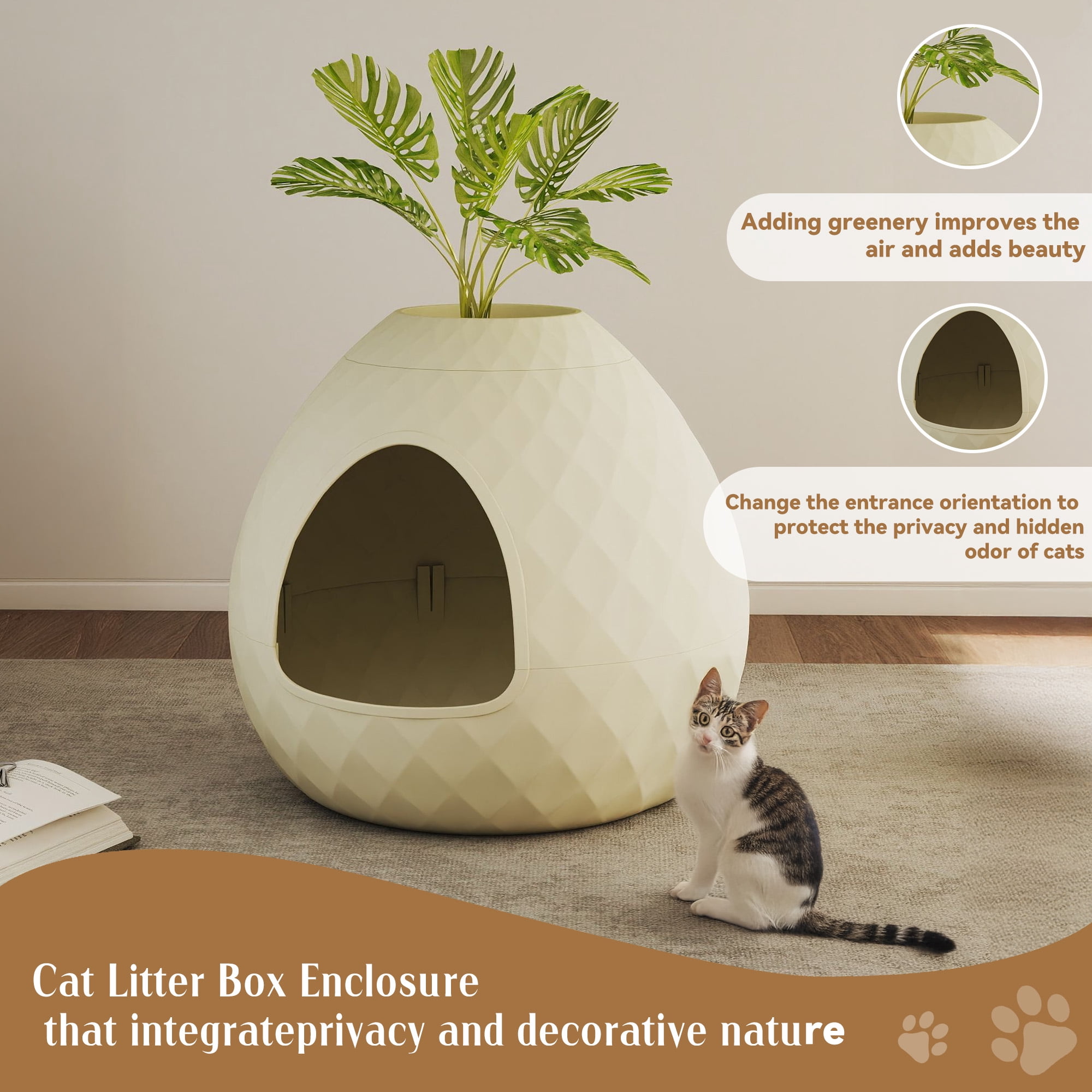 EasyUp Cat Litter Box Enclosure Hidden Litter Box Furniture with Removable Planter Top Vented Easy to Clean Multi-Functional for Living Room Indoor, White