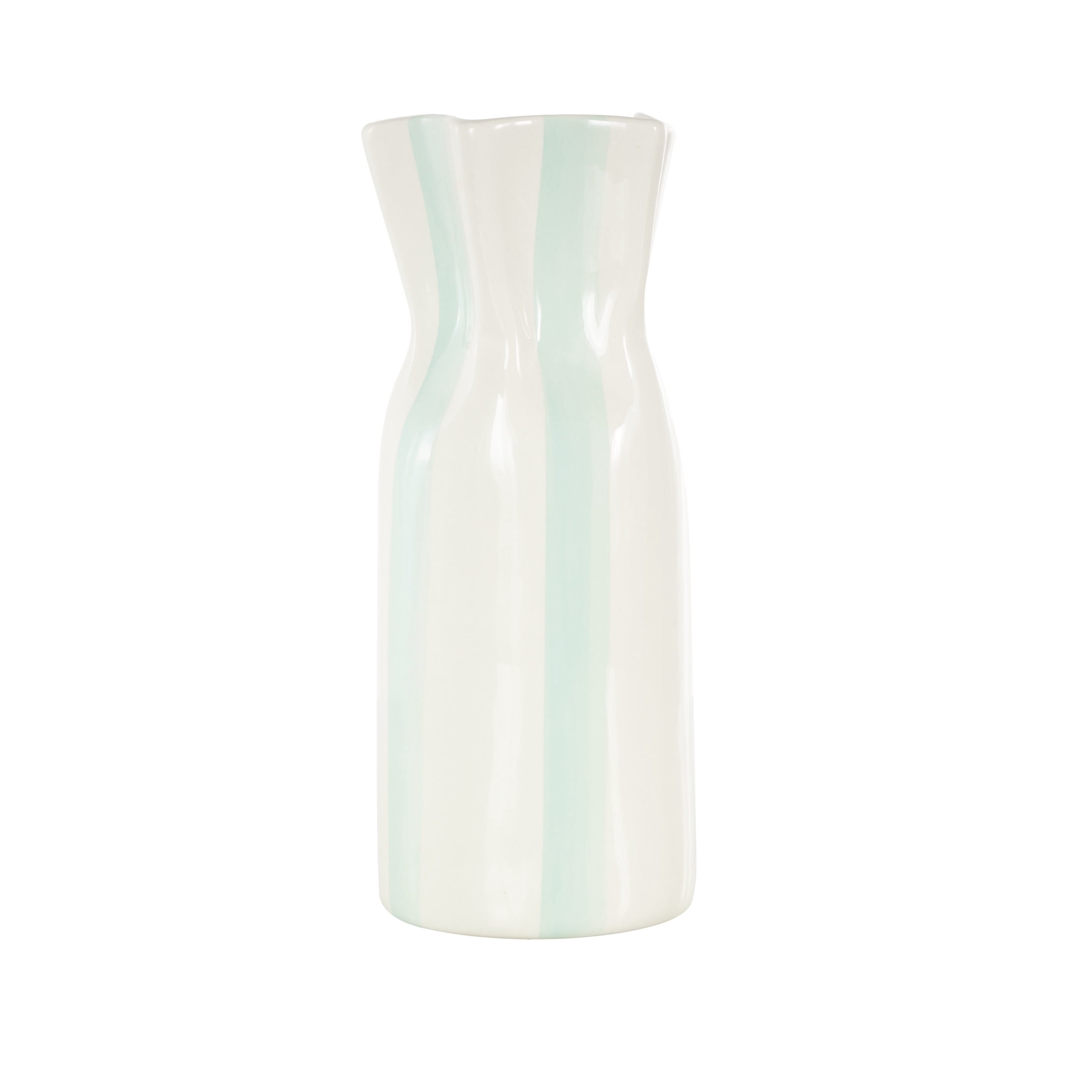DecMode 12" Round Light Blue Ceramic Vase with White Vertical Stripes