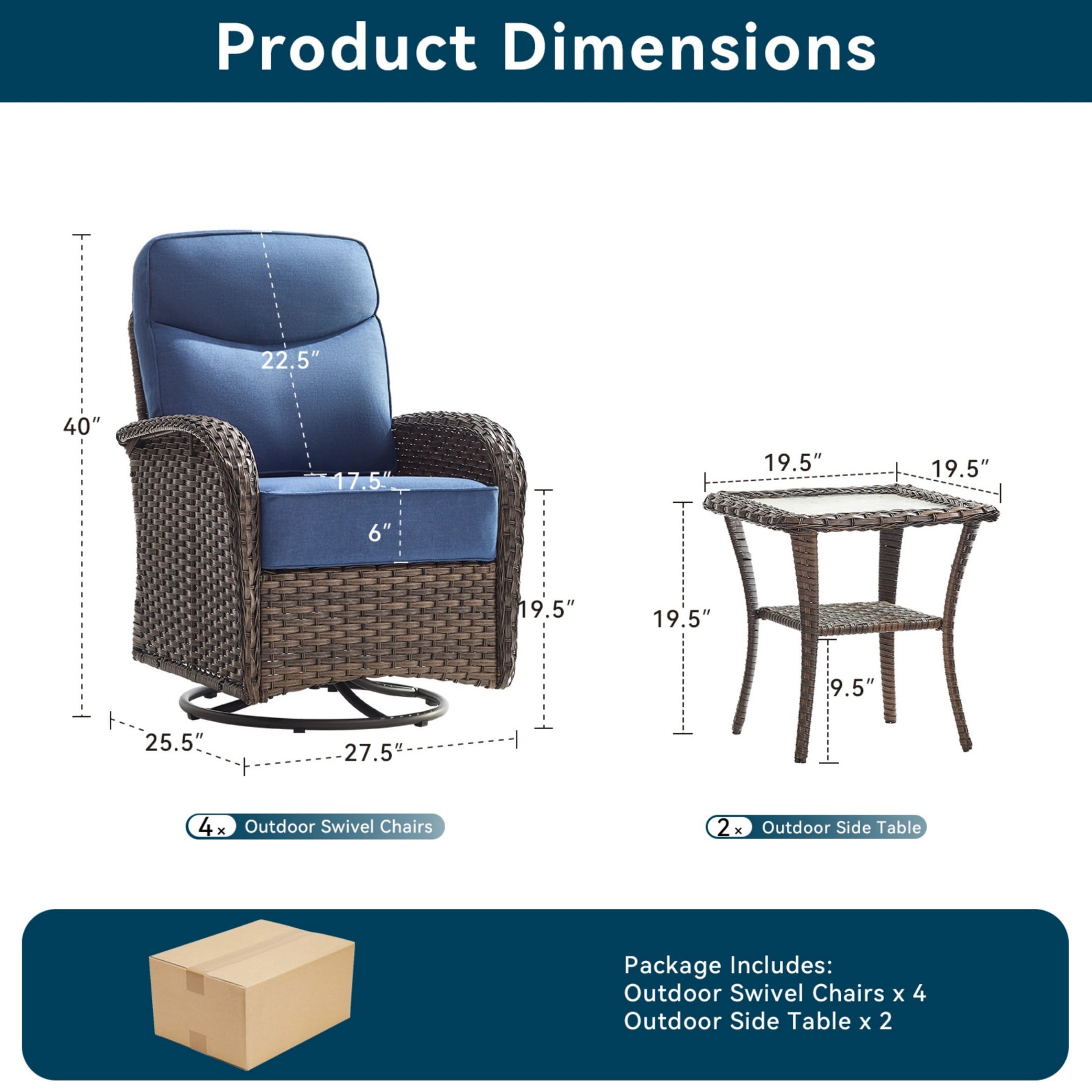 Unnifurnzi Outdoor Swivel Rocker Patio Chairs-6'' Thick Cushions Outdoor Rocking Chairs Set of 4 with Patio Side Table Patio Table and Chairs for Deck Porch Garden Balcony Poolside-Brown/Blue