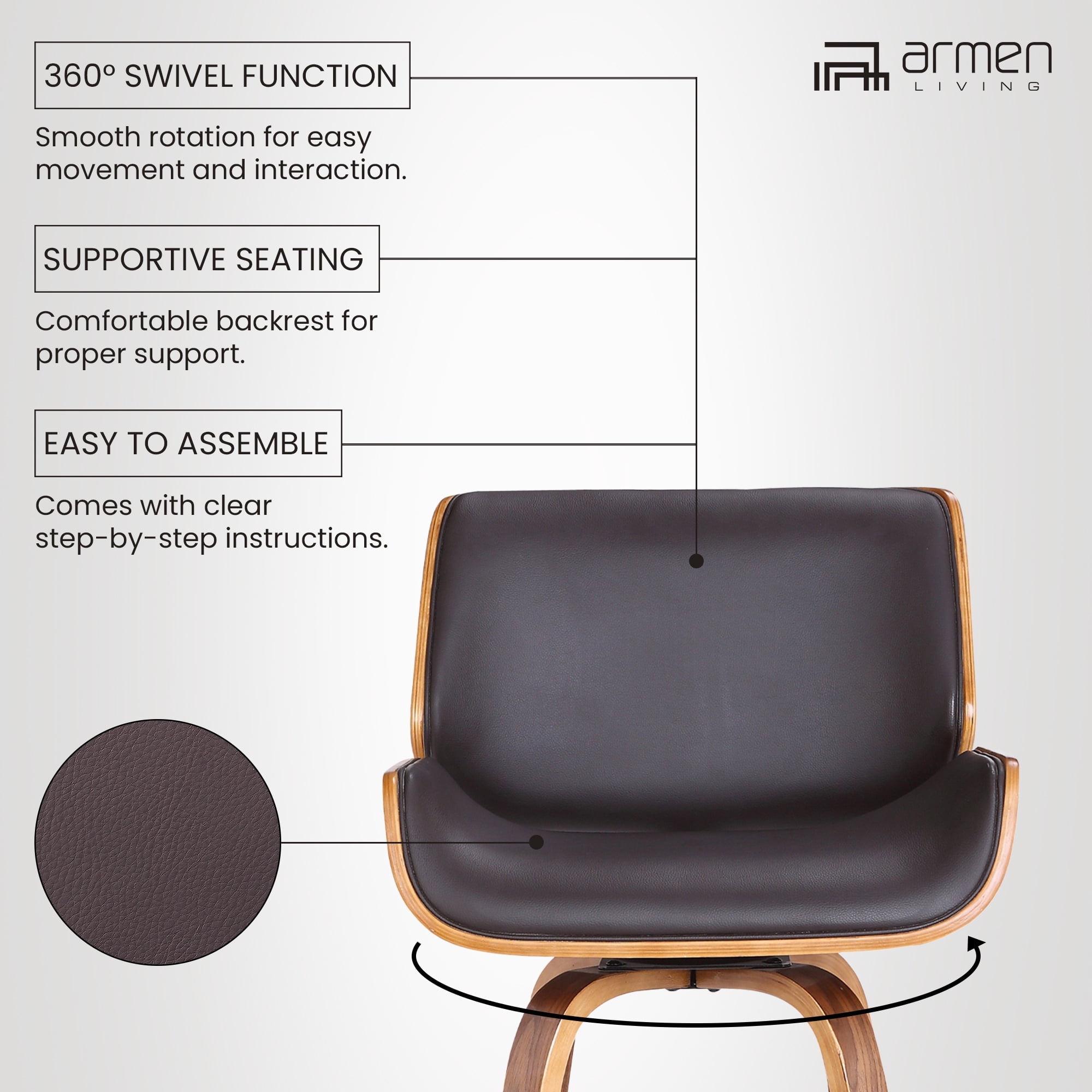 Tyler 30" Bar Height Swivel Brown Faux Leather and Walnut Wood Bar Stool - Set of 3