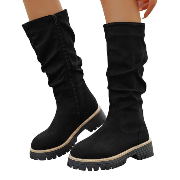 Rokment Slouchy Platform Mid Calf Boots for Women Winter Spring Fashion Casual Suede Round Toe Side Zipper Wide Calf Dress Tall Boots Black Size 6
