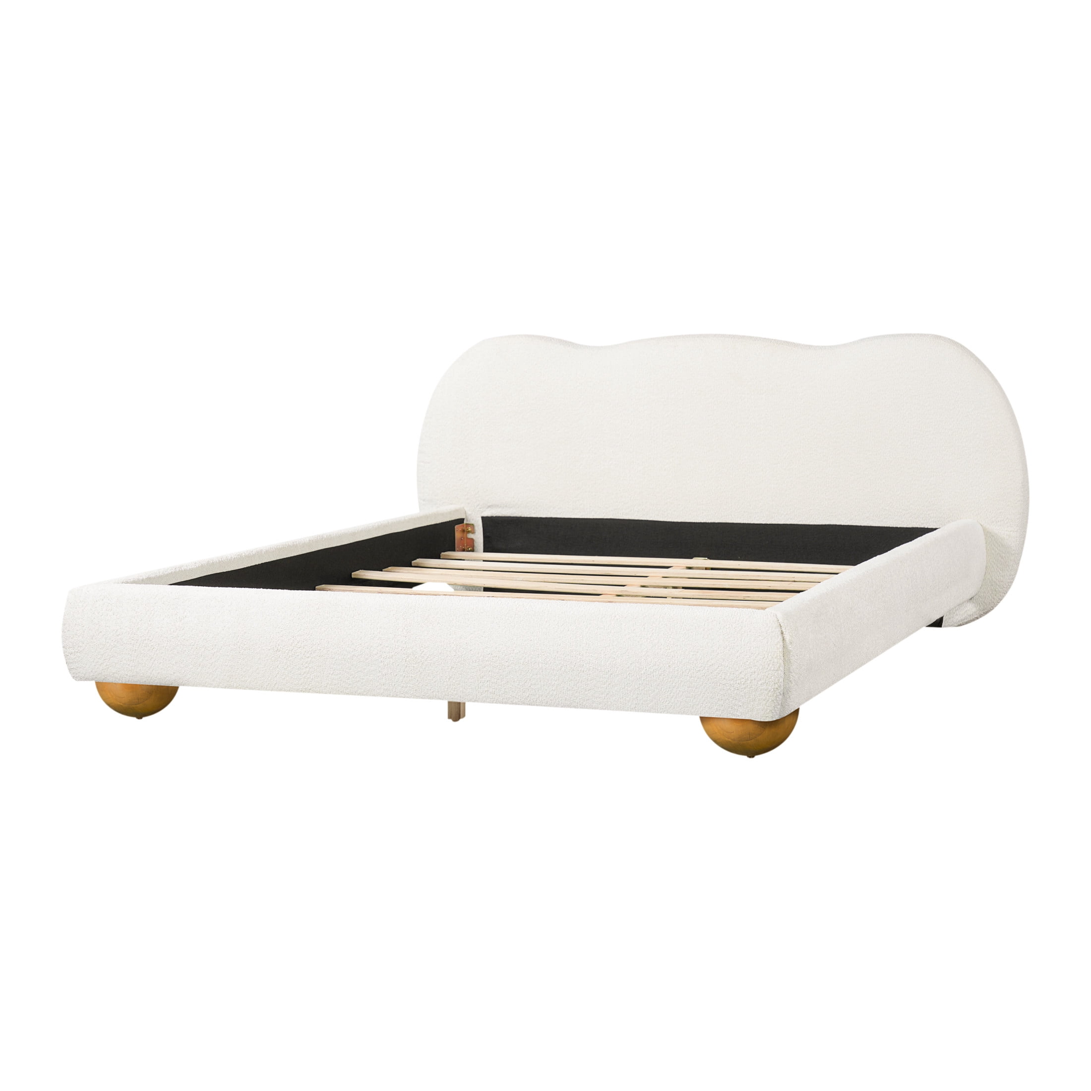 Christopher Knight Home Queen Upholstered Bed Frame with Curved Thick Headboard, Round Legs, Off White