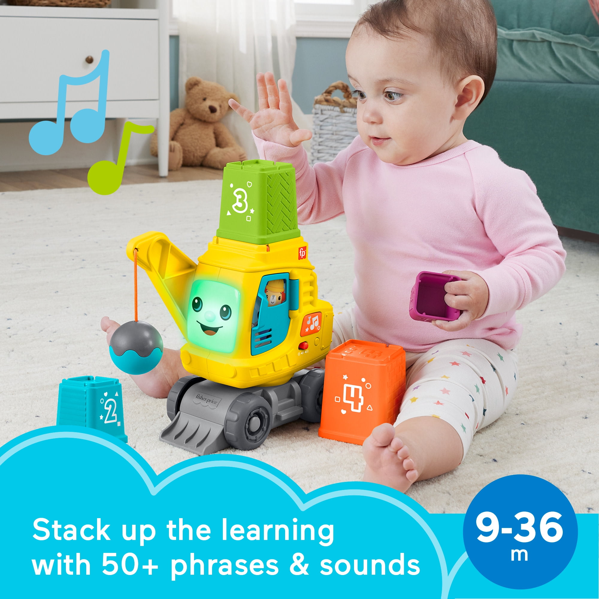 Fisher-Price Count & Stack Crane Learning Toy with Building Blocks, for Baby & Toddler Age 9M+
