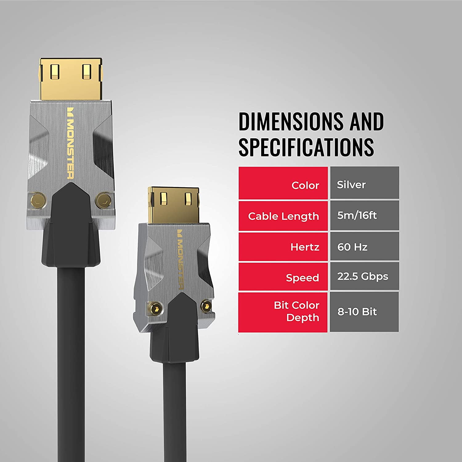 Monster M-Series 1000 Certified Premium HDMI 2.0 4K 60Hz, 22.5 Gbps, Metal Connector, Vgrip