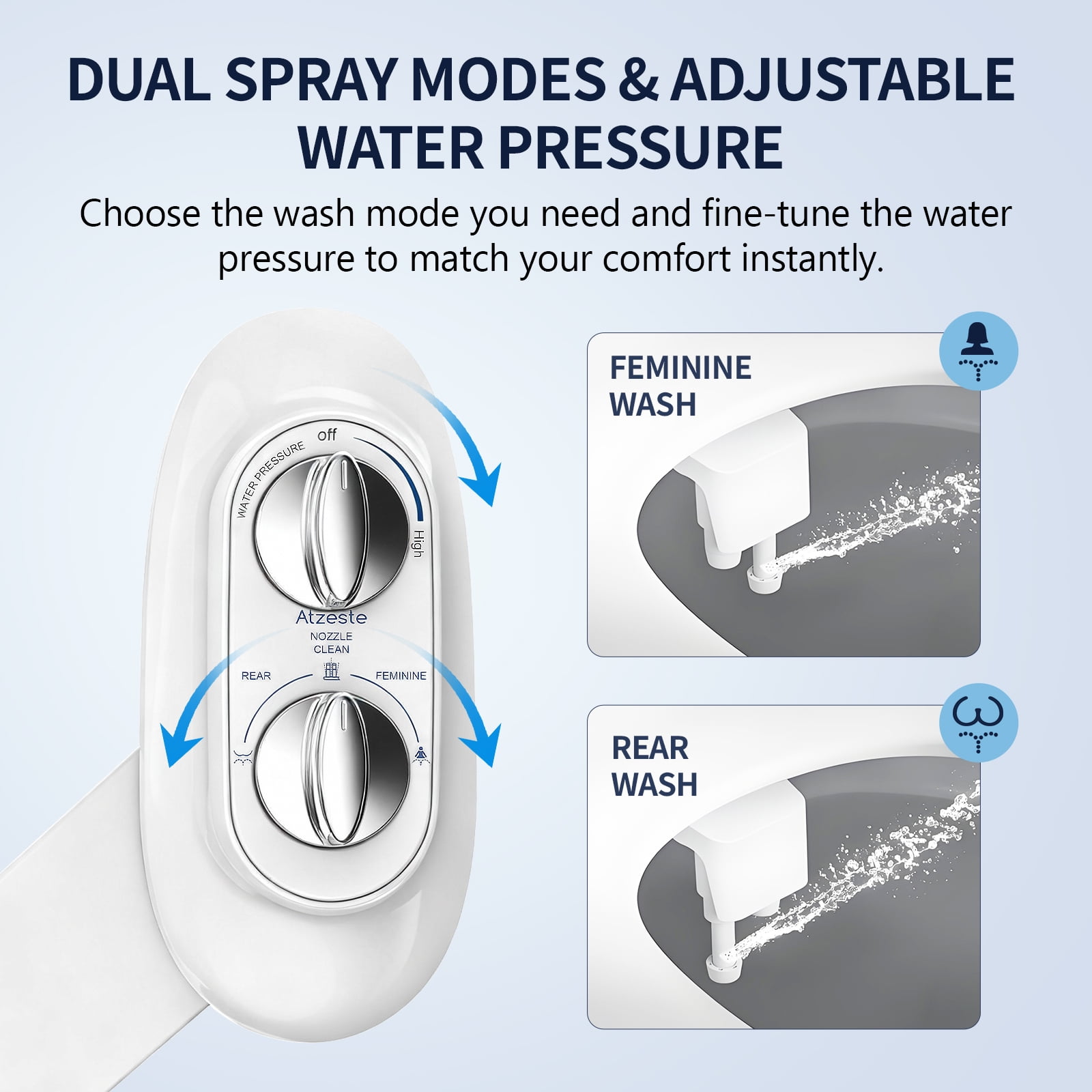 Atzeste Ultra-Slim Bidet, Dual Nozzle Self-Cleaning, Non-Electric Bidet for Toilet Seat Attachment, Adjustable Water Pressure, Rear Feminine Wash Fresh Water Sprayer, Stainless Steel Inlet Badays