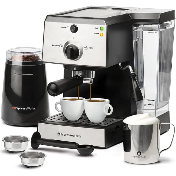 7 Pc All-In-One Espresso Machine & Cappuccino Maker Barista Bundle Set w/Built-In Steamer & Frother (Inc: Coffee Bean Grinder, Portafilter, Milk Frothing Cup, Spoon/Tamper & 2 Cups), Stainless Steel
