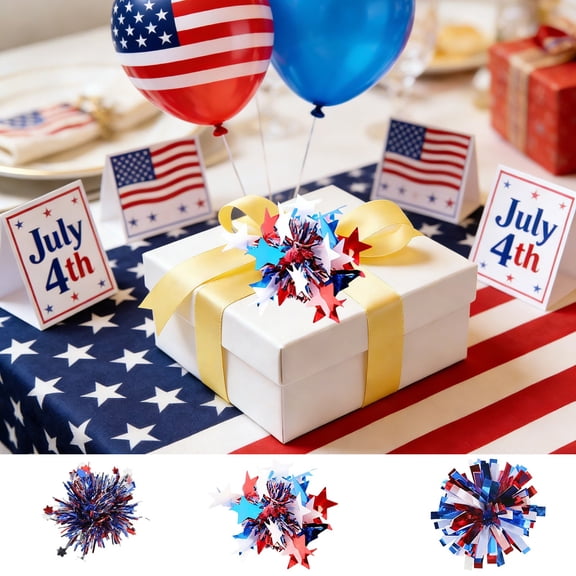 Yhmxh 4th of July Patriotic Tinsel Star Decor, 5.5" Red White Blue Firework Pom Pom Decorations for Independence Day, Memorial Day, Patriotic Party Supplies, Gift Wrapping, Table Centerpiece