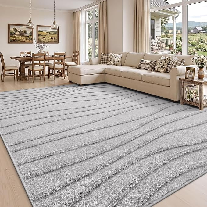 Buganda Modern Area Rug, Soft Non-Slip Rug for Living Room Bedroom, Machine Washable, 5'x8', Light Grey