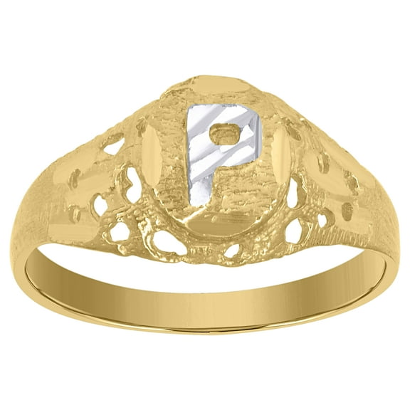 10kt 10k Two-Tone Gold Mens Diamond-Cut Textured Oval Initial Letter P Band Ring