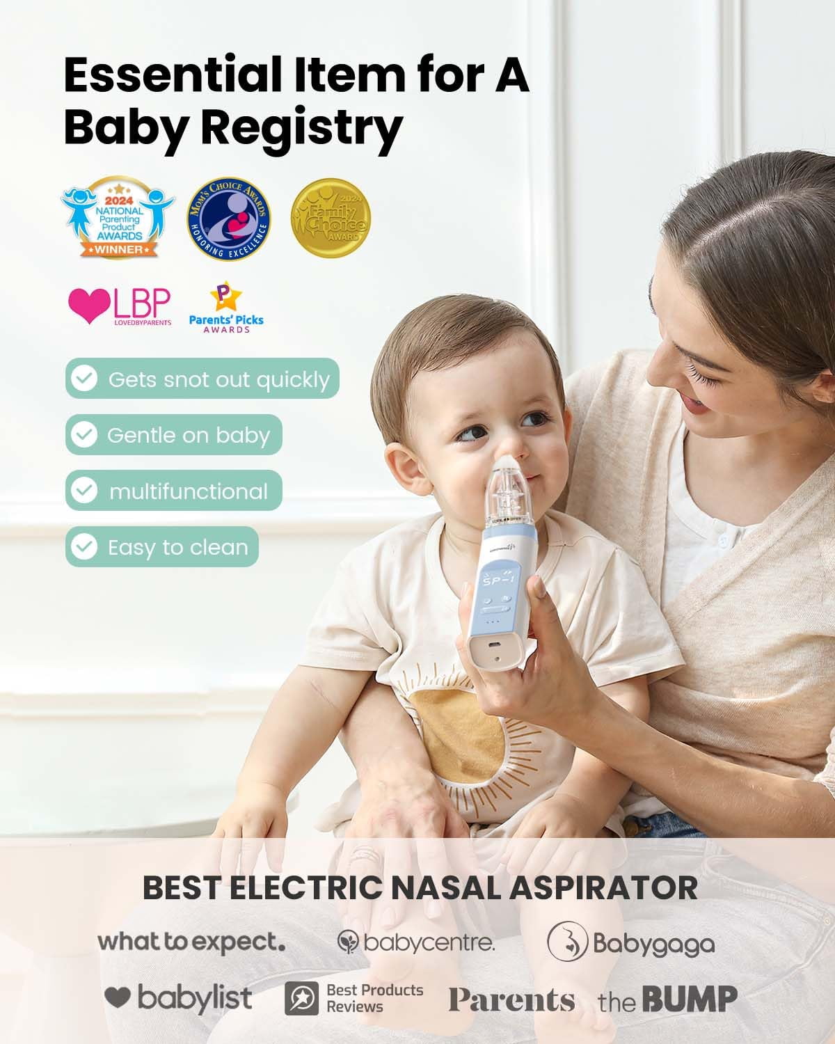 Grownsy Baby Nose Sucker with 3 Silicone Tips, 3 Suctions, Music and Light Soothing Function Blue