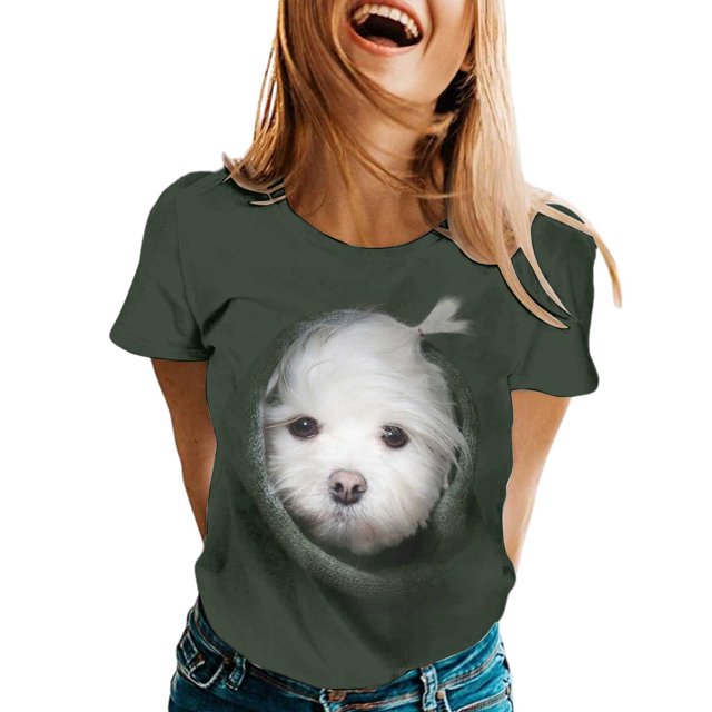 YDLCAFD T-Shirt Femme Mode Décontractée Imprimé Chiot Mignon Col Rond Manches Courtes T-Shirt Haut