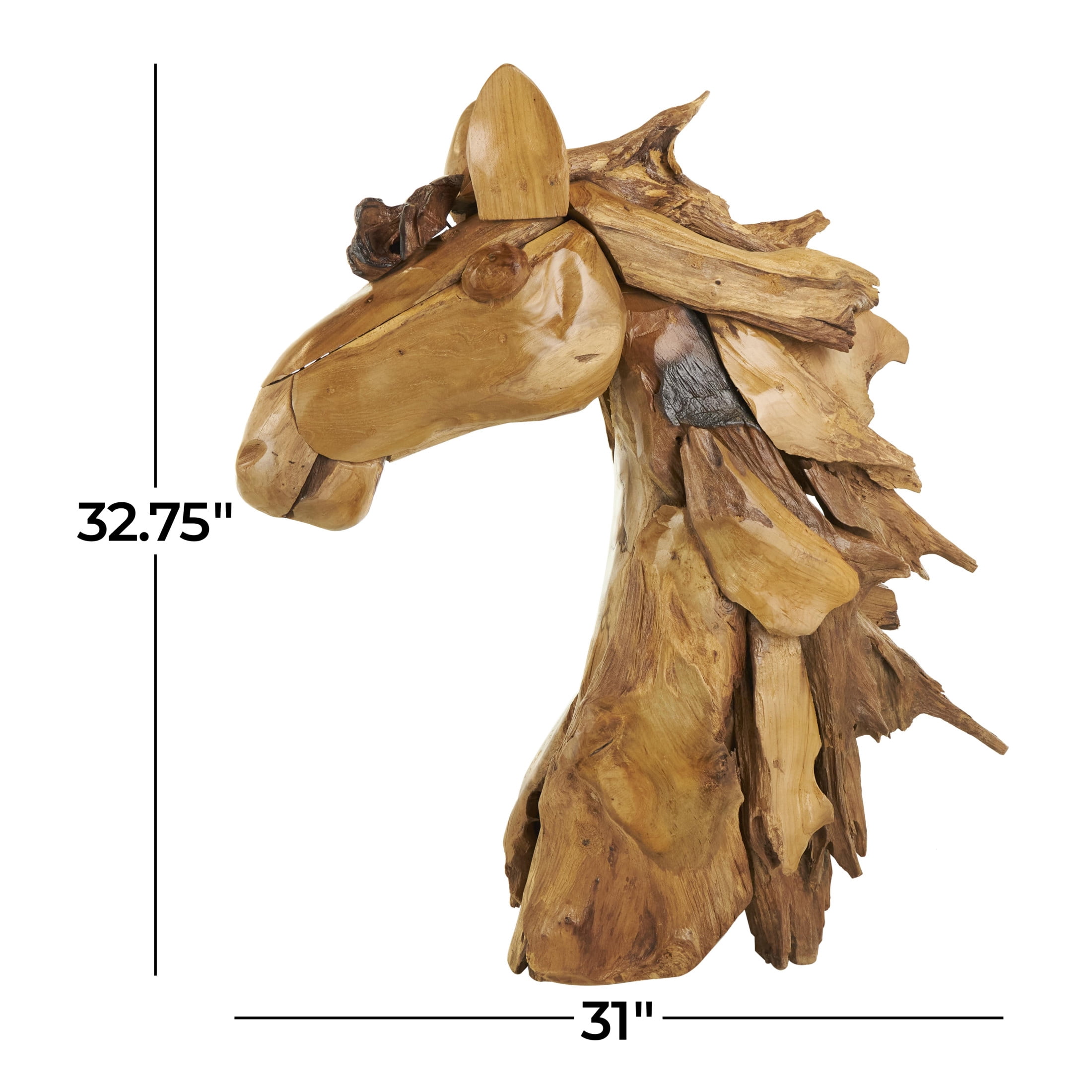 31" x 33" Brown Teak Wood Handmade Horse Sculpture, by DecMode