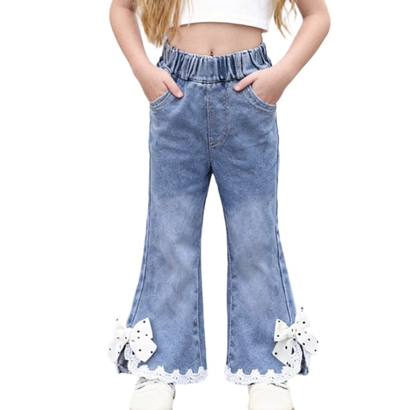 NAISIBABY Girls Cute Jeans, Flare Leg with Pockets Elastic Waist Kids Casual Fashion Denim Pants Blue Size 8