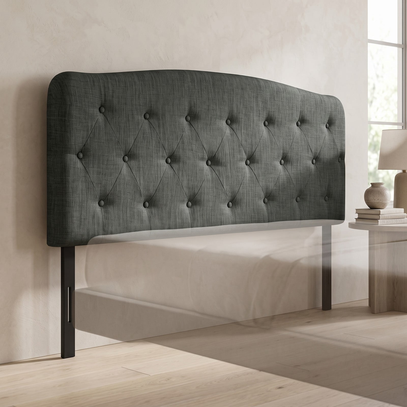 Furnibear Faux Linen Upholstered Full Size Headboard with Diamond Button Tufting and 2 Adjustable Heights for Bedroom and Guest Room, Dark Gray