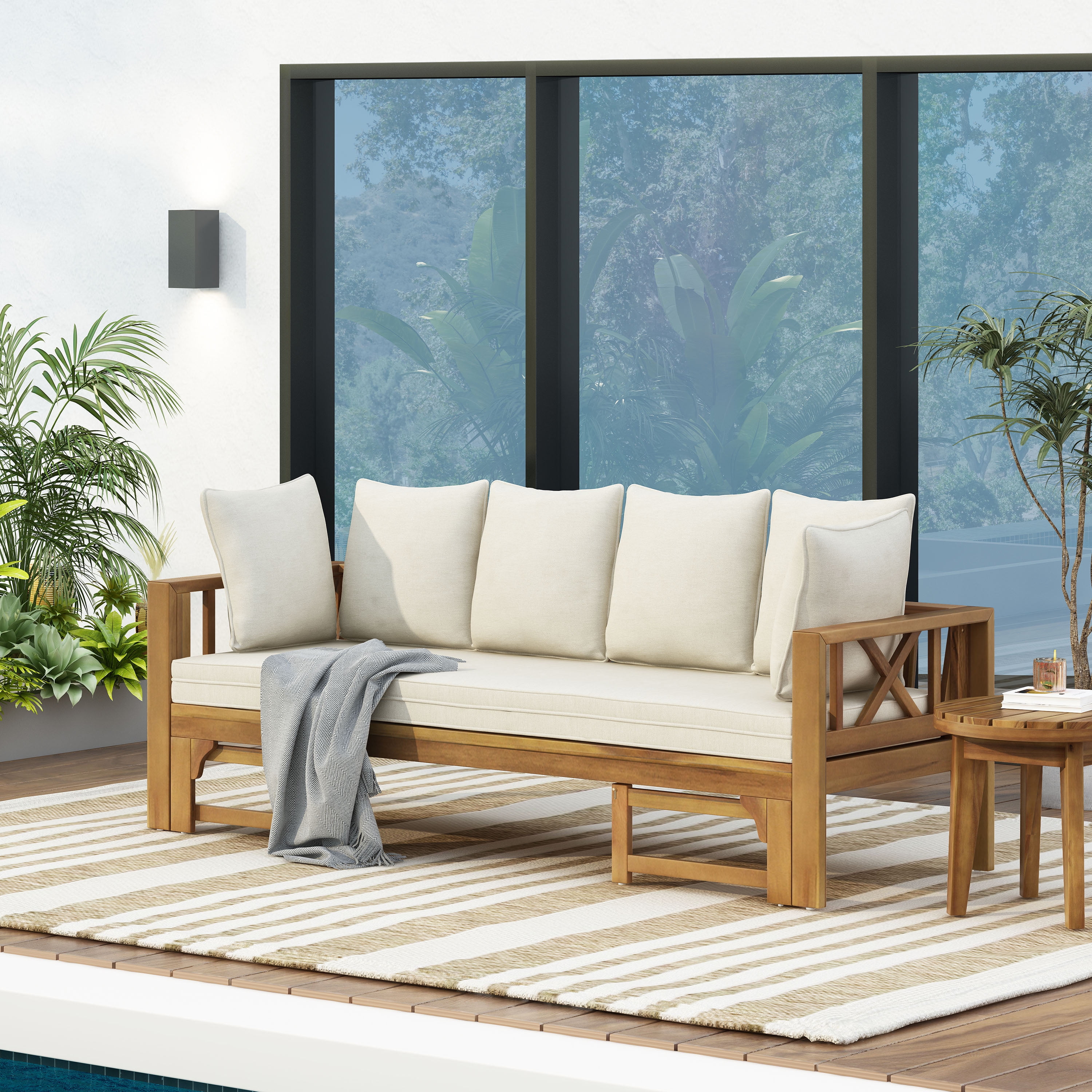 Outdoor 3 Seater Sofa Daybed, Extendable Acacia Wood Leisure Seat for Patio Garden Yard, Teak and Beige