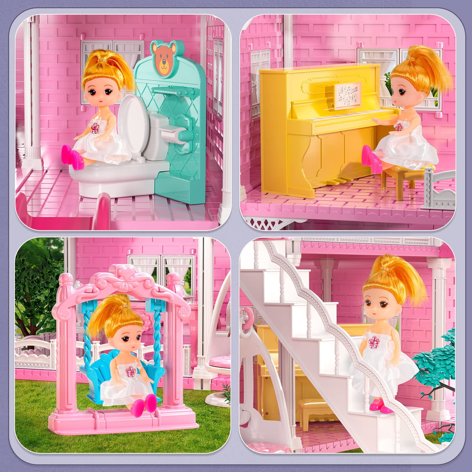 Dollhouse Dreamhouse Building Toy Set with 5 Lights,3 Dolls& 2 Pets  Princess Doll House and Furniture,Accessories,Stairway,Best STEM Pretend  Play Toys