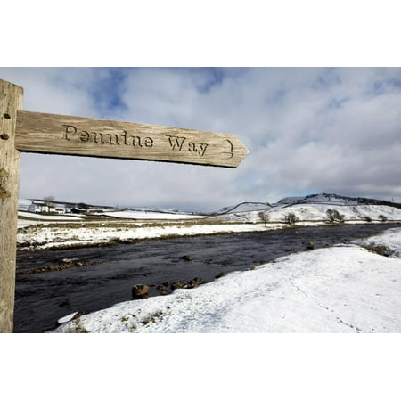 Sign for the Pennine Way Walking Trail on Snowy Landscape by the River Tees, County Durham, England Print Wall Art By Stuart