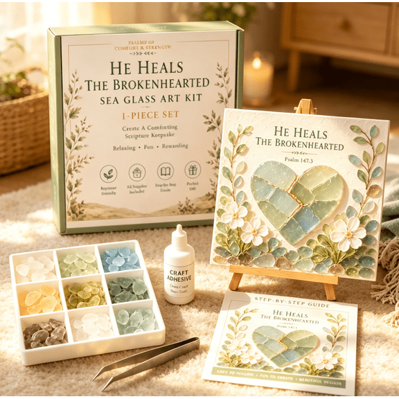 Psalms of Comfort & Strength Sea Glass Art Kit - Complete Sea Glass Mosaic Kit, Christian Home Decor, Inspirational Religious Gift for Mom, Sister & Church Friends