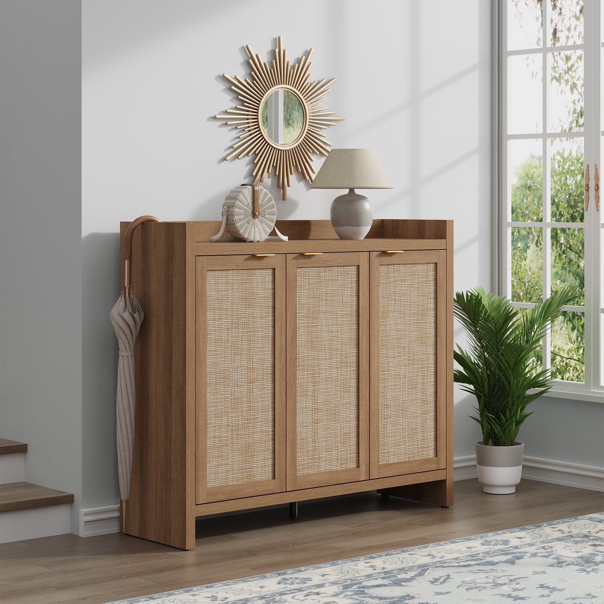 SICOTAS 7 Tier Shoe Storage Cabinet for Entryway, 30 Pairs Rattan Shoe Rack Cabinet with Doors & Adjustable Shelves, Freestanding Boho Shoe Organizer Cabinet for Hallway, Oak
