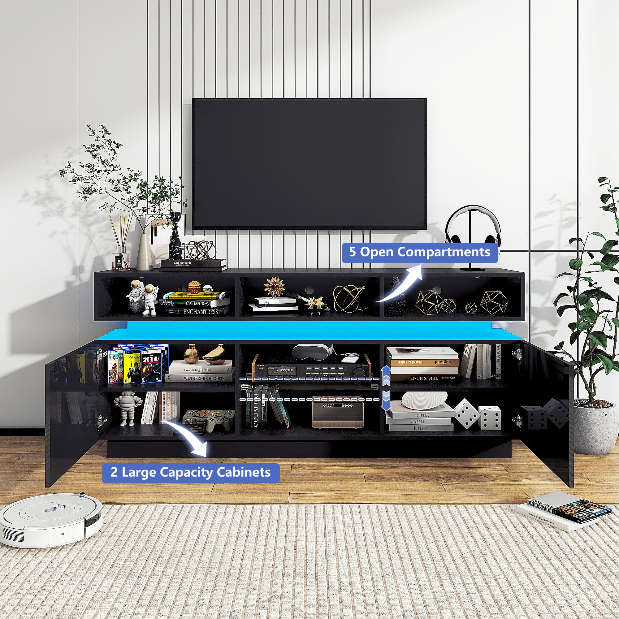 ChVans LED TV Stand for up to 70" TVs with Power Outlet, Modern Tall Entertainment Center with Storage, High Gloss Gaming TV Media Console with 2 Storage Cabinets for Living Room, Bed Room