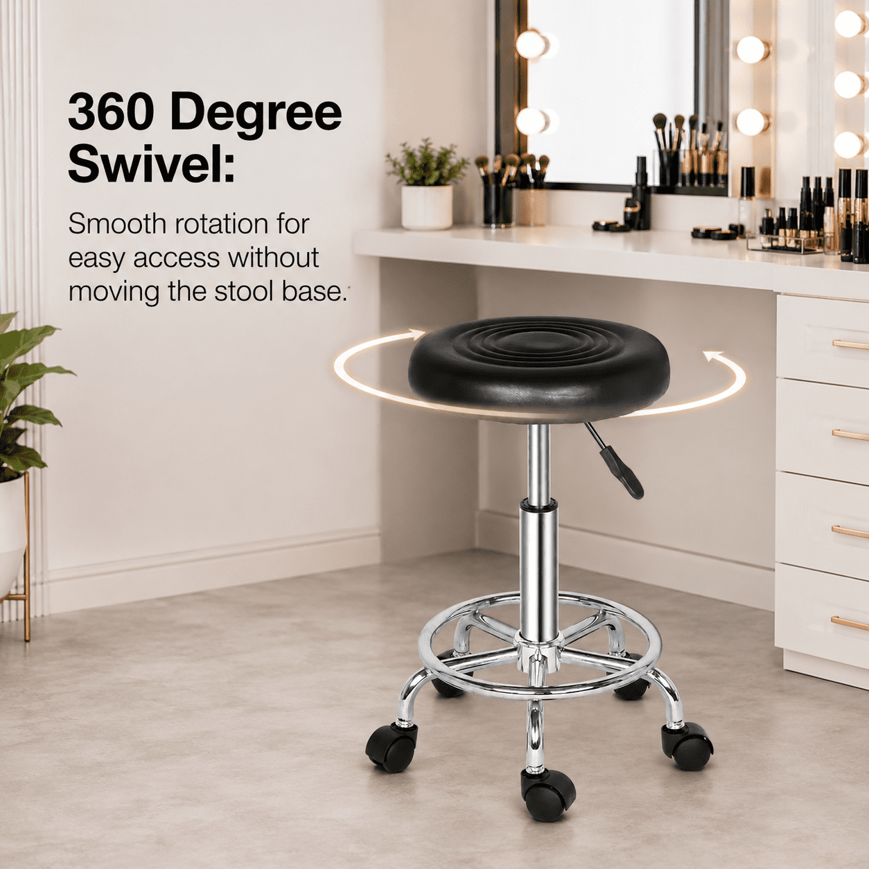 Alvantor Rolling Stool with Ribbed Round Seat, Adjustable Height, Black