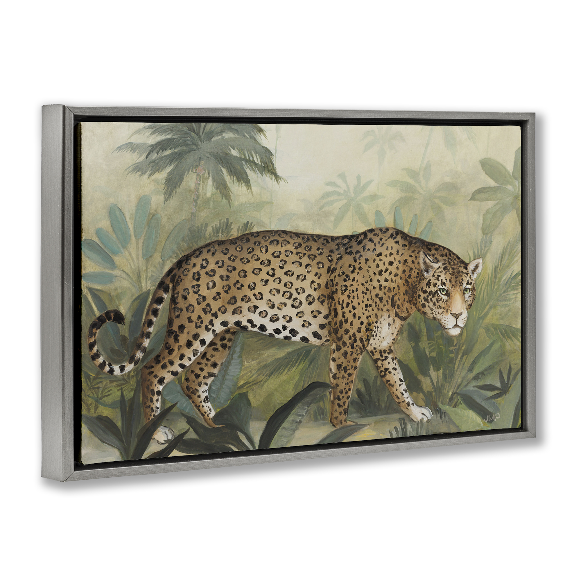 Stupell Industries Prowling Leopard in Forest Landscape Painting Gray Floater Framed Canvas Art Print Wall Art, 31 x 21