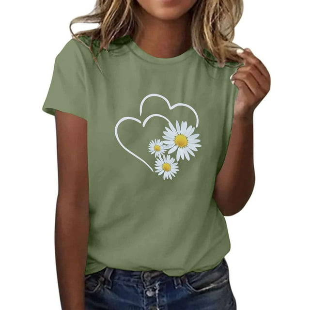FRSASU Chemises pour Femmes Imprimé Cœur d'Amour Chrysanthème T-Shirts Graphiques Manches Courtes Col Rond T-Shirt Décontracté Vert Armée 8(L)