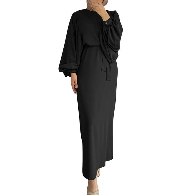 Wdgfv Robe Maxi Unie pour Femmes Portefeuille à Nouer à la Taille Manches Lanterne Longues Abaya Robe Moyen-Orientale Musulmane