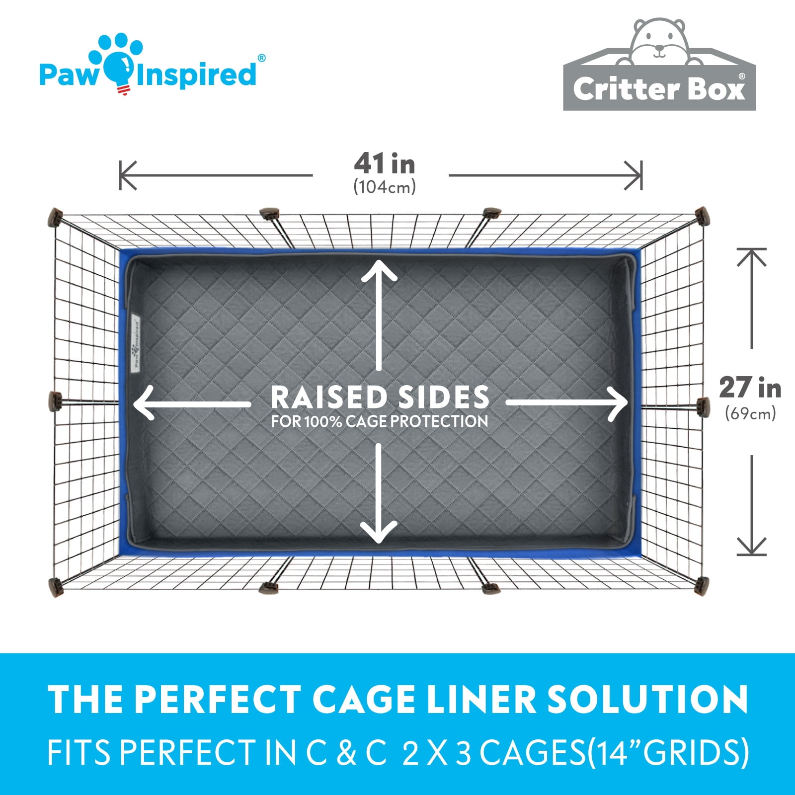 Paw Inspired Critter Box Guinea Pig Cage Liner, Washable Reversible Fleece Bedding with Raised Walls, Leakproof Waterproof Bottom (C&C 2x3, Gray/Blue)