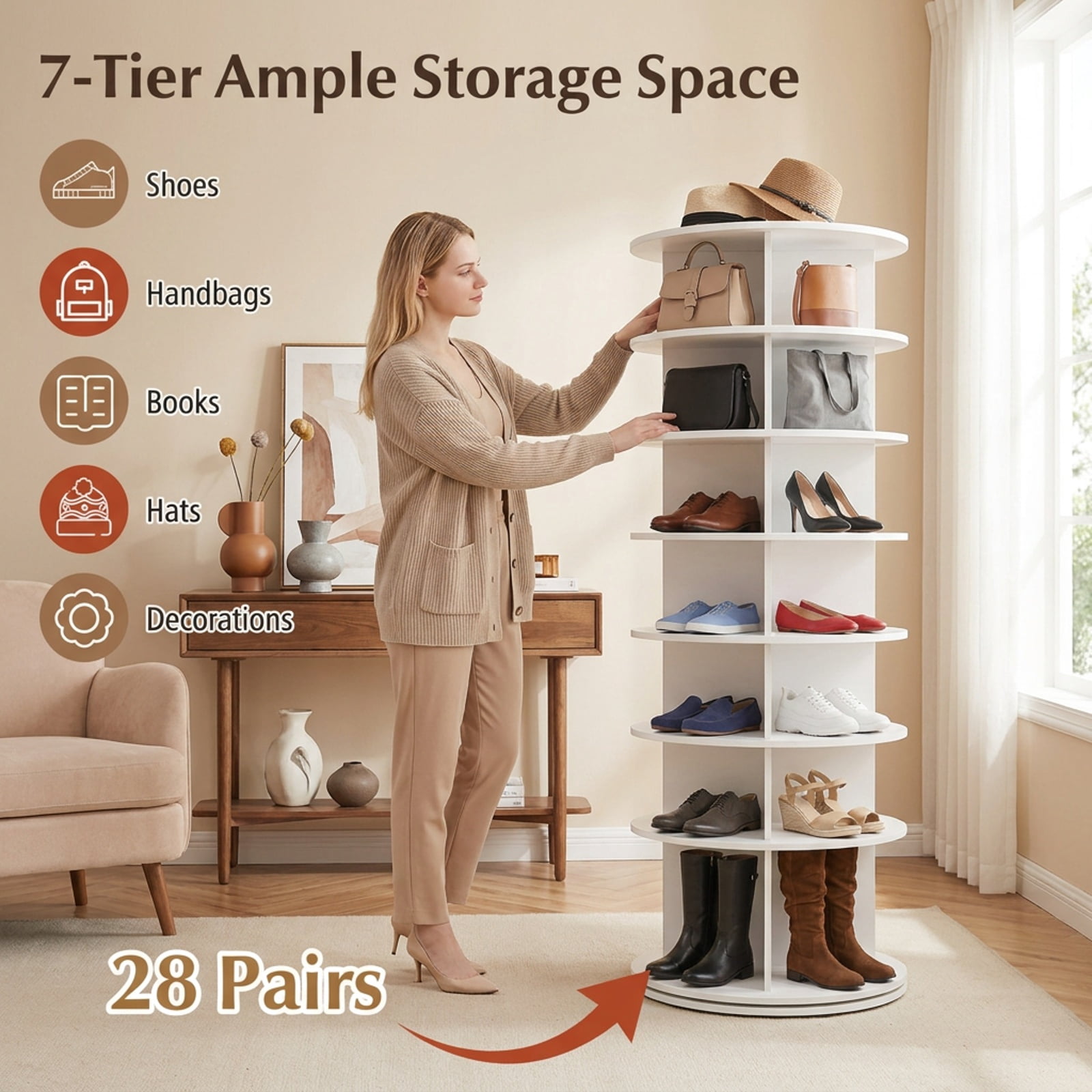 Furnibear 7 Tier Rotating Shoe Rack Tower Freestanding Spinning Shoe Organizer for Entryway Closet and Bedroom Corners, White