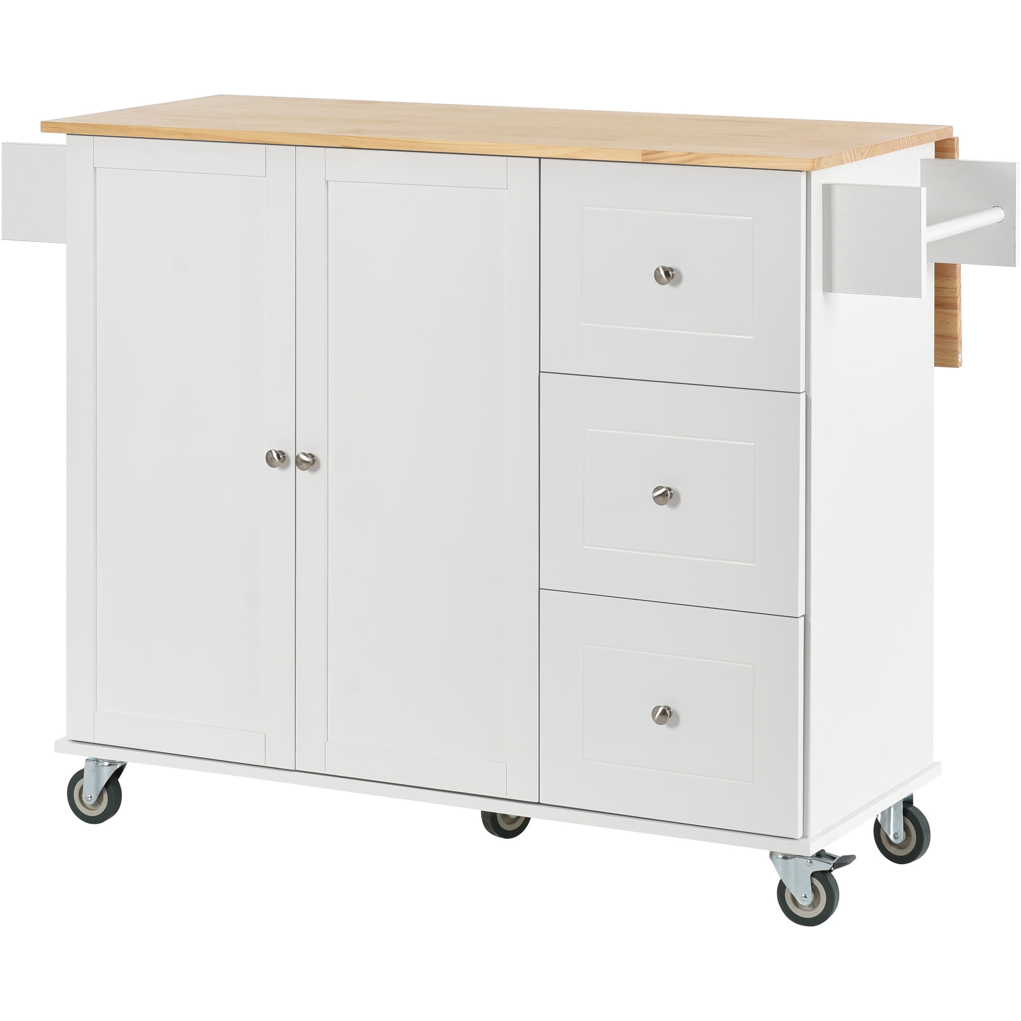 Homy Casa 52.7" Rolling Kitchen Island with Solid Wood Top, Storage Cabinet, Drawers & Drop Leaf, White