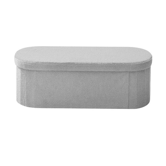 KFFKFF Oval Storage Ottoman Bench, Foldable Teddy Fleece Upholstered Chest with Spacious Storage, Supports 660 lbs, Ideal for Living Room, Bedroom, or Entryway, Grey