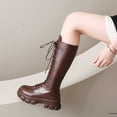 thumbnail image 6 of Gyexs Knee High Boots for Women Wide Calf Gothic Lace up Riding Boots Platform Heel Mid Calf Motorcycle Booties Brown & Size 8, 6 of 9
