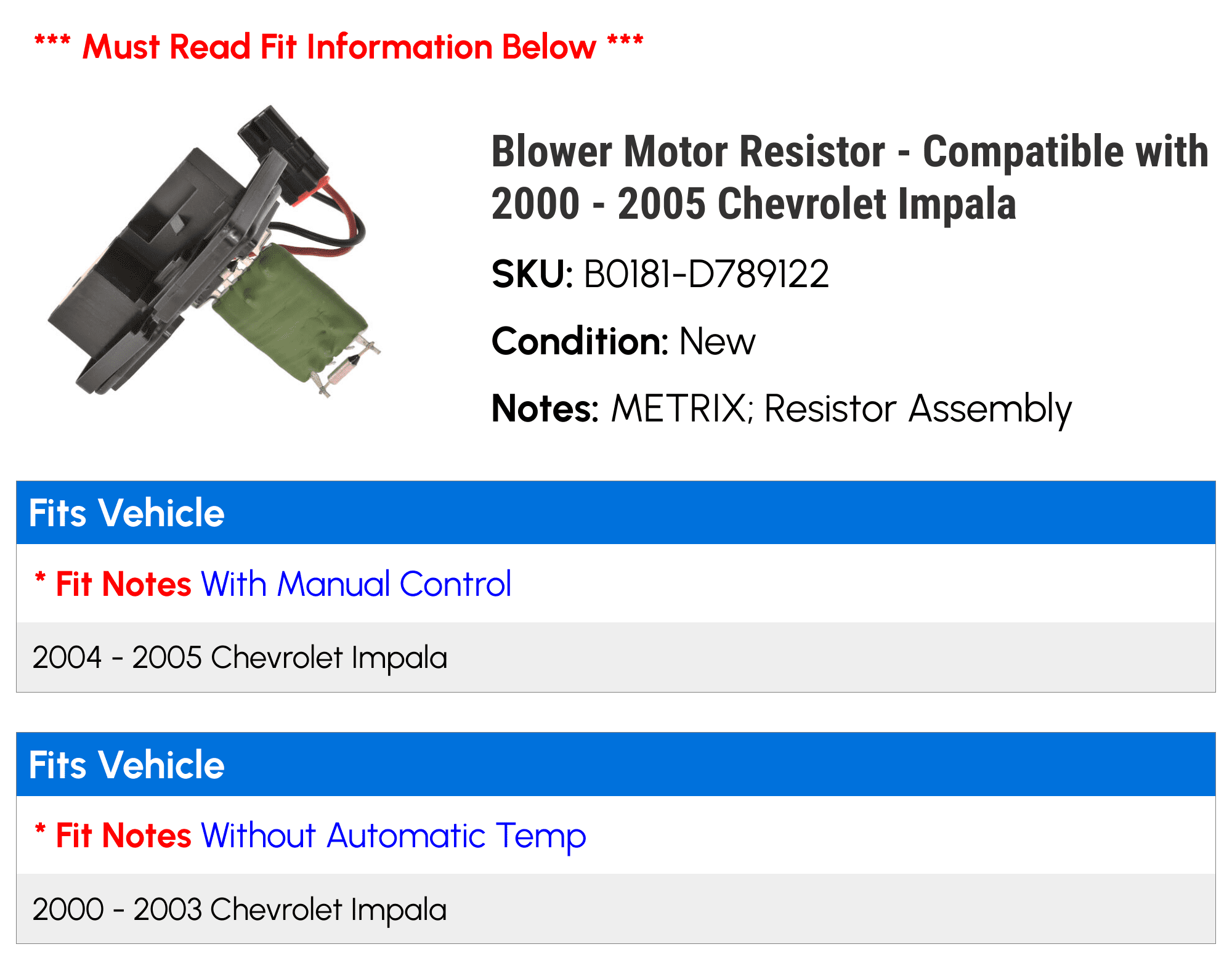 Blower Motor Resistor Compatible with 2000 2005 Chevy Impala