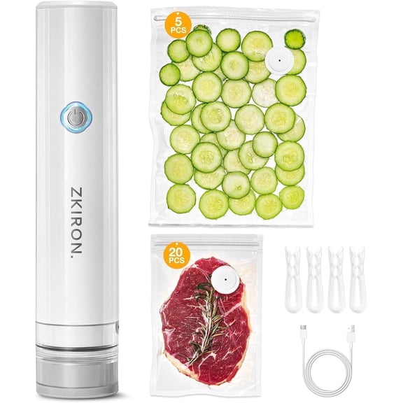 ZKIRON Compact Handheld Vacuum Sealer for Food, Cordless, 12-Bag Set, 65kPa One-Touch Auto Stop, Visible Detachable Head, BPA-free Reusable Bags, Usb-C, Fits Most Flat-Valve Bags