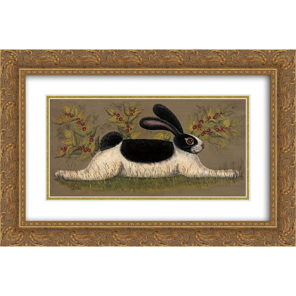 Green Folk Bunny 2x Matted 20x12 Gold Ornate Framed Art Print by Lisa Hilliker